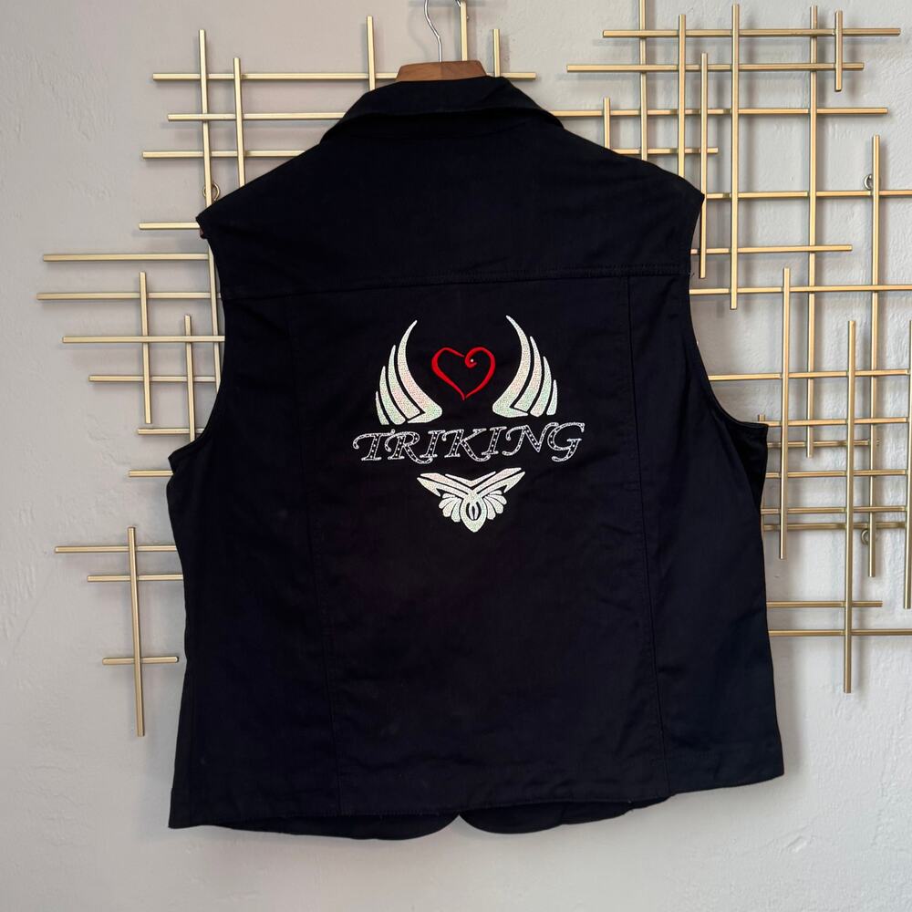 Isaacs Designs XL Black Triking Motorcycle Biker Vest Rhinestone Wings Heart